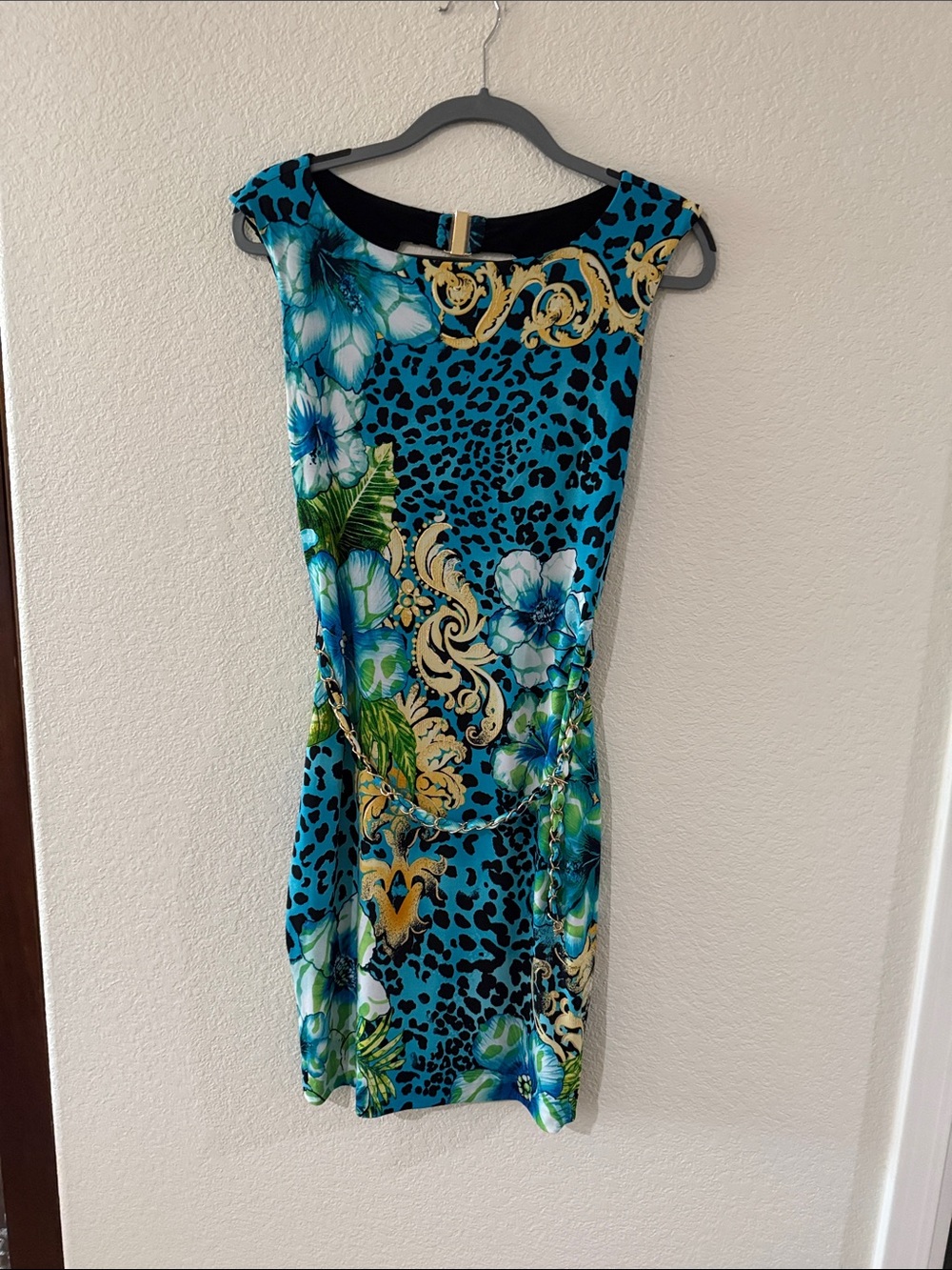 Cache Turquoise Floral & Leopard Print Sheath Dress with Gold Accents